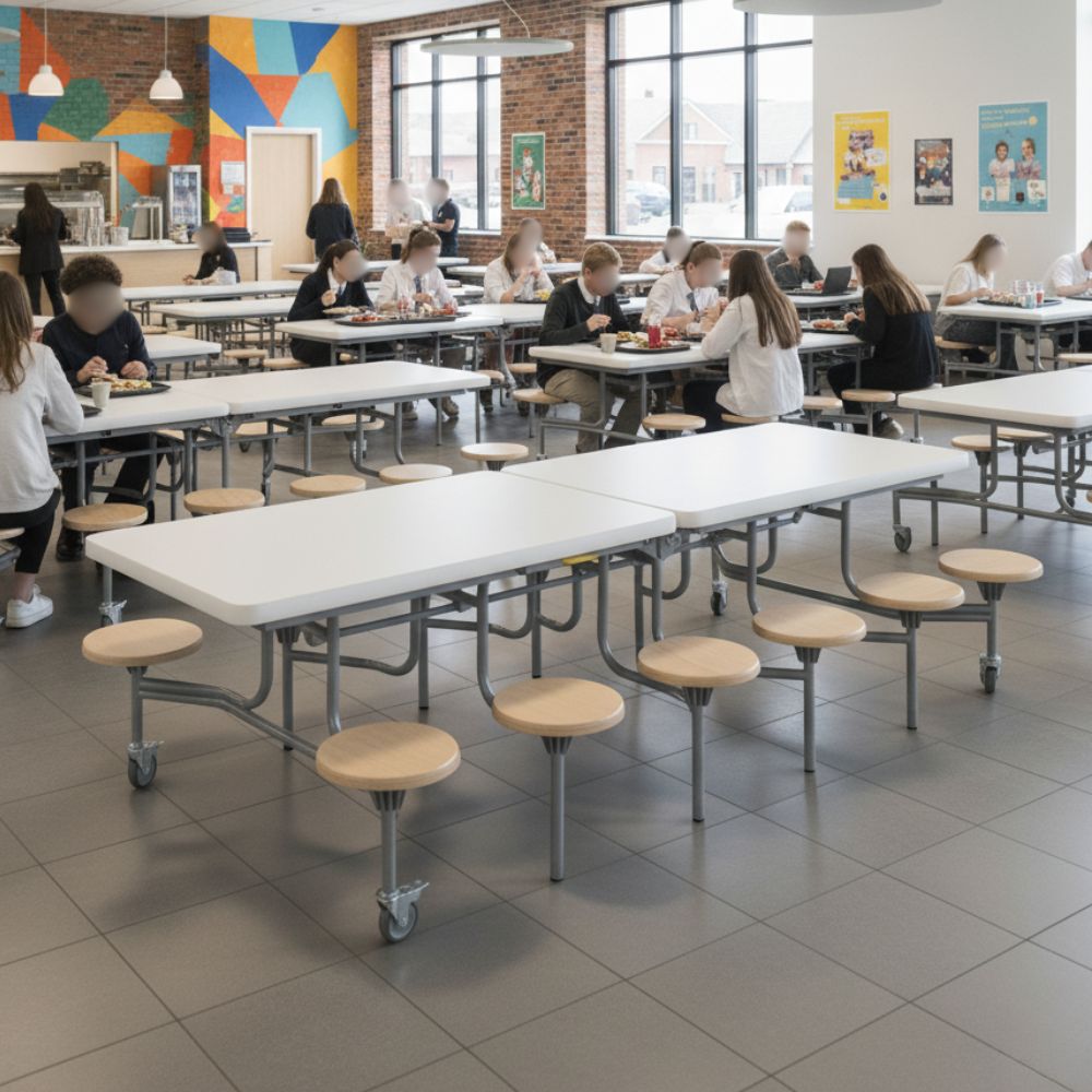 Modern school dining hall with white mobile canteen tables and fixed stools, surrounded by students eating and a colourful mural wall.