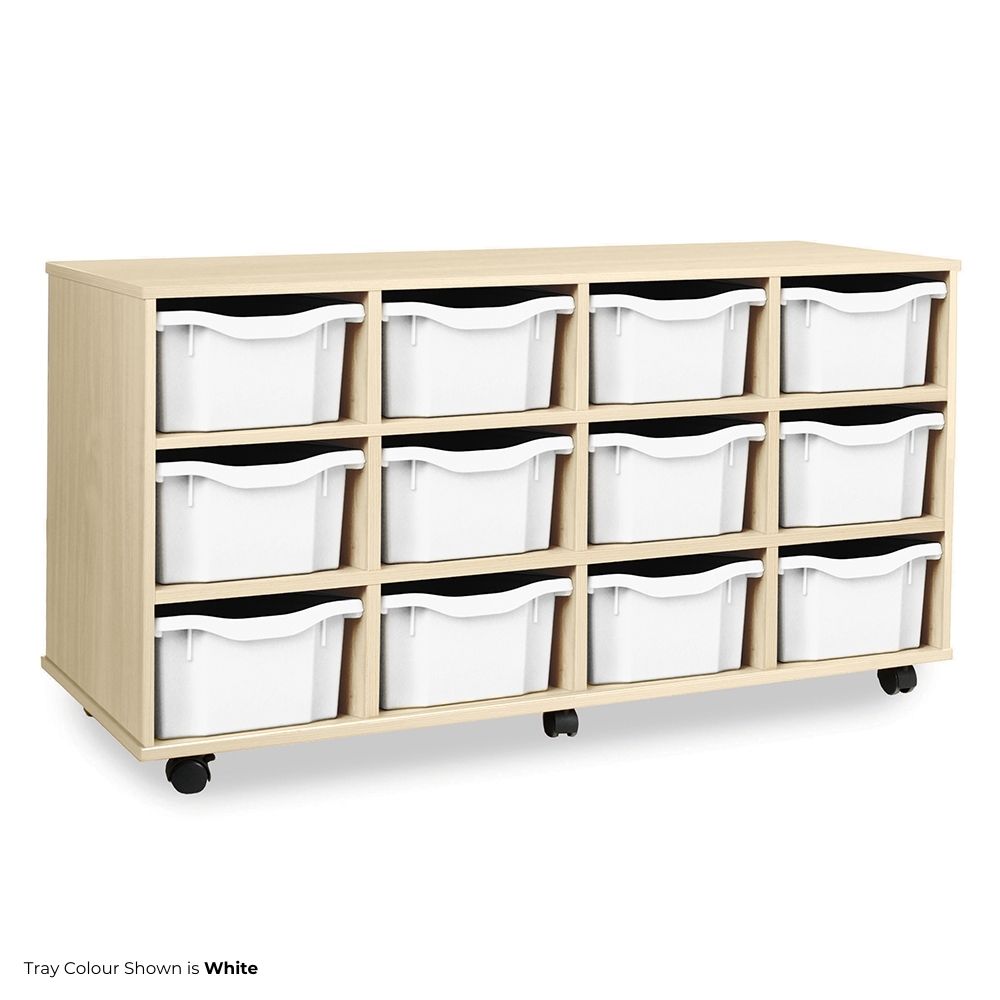 Educational storage unit in a light wood finish featuring three columns of spacious white double trays, ideal for storing classroom resources, with castor wheels for easy movement.