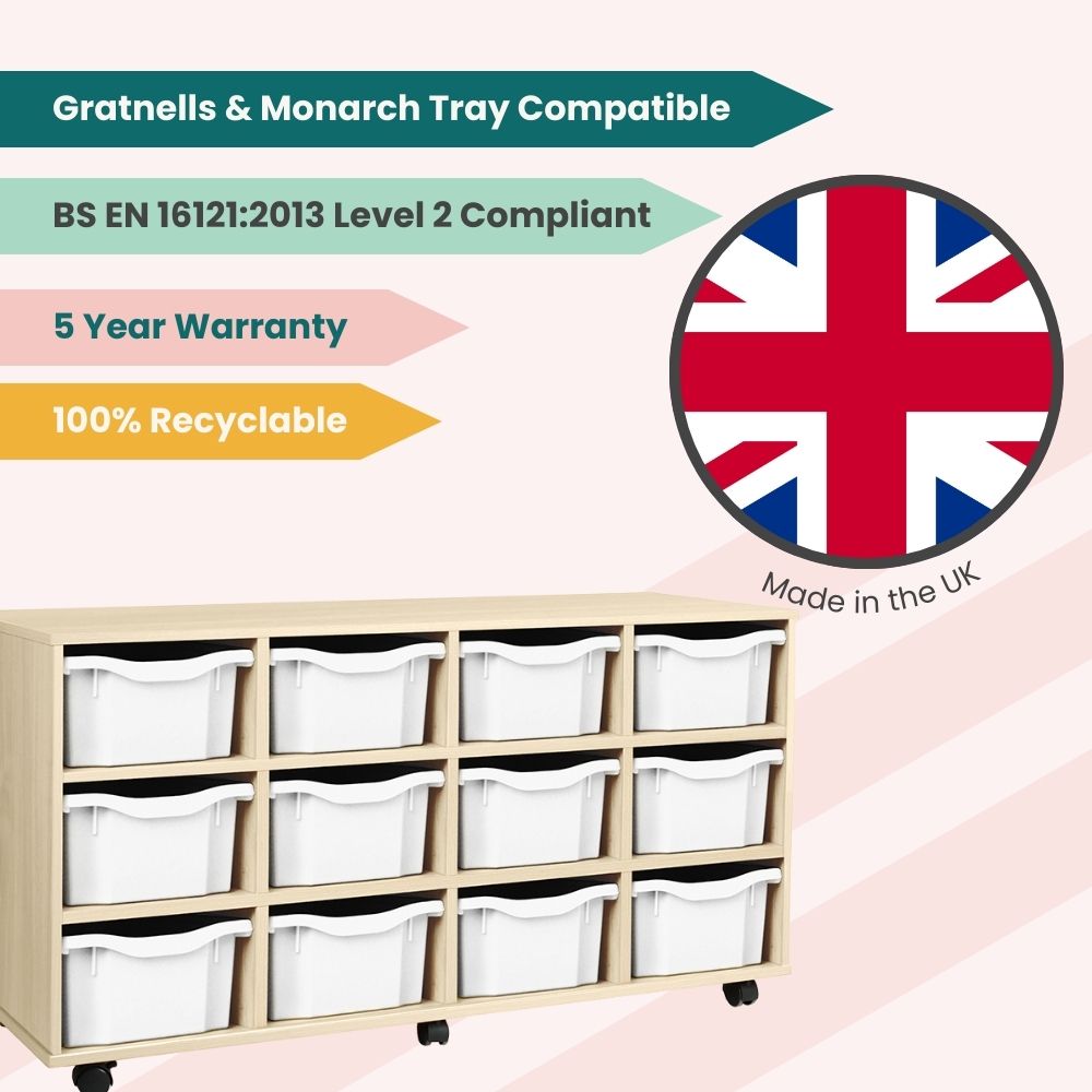 White tray school storage unit on castors, accompanied by icons showing UK manufacture, Gratnells & Monarch compatibility, BS EN compliance, five-year warranty, and full recyclability.