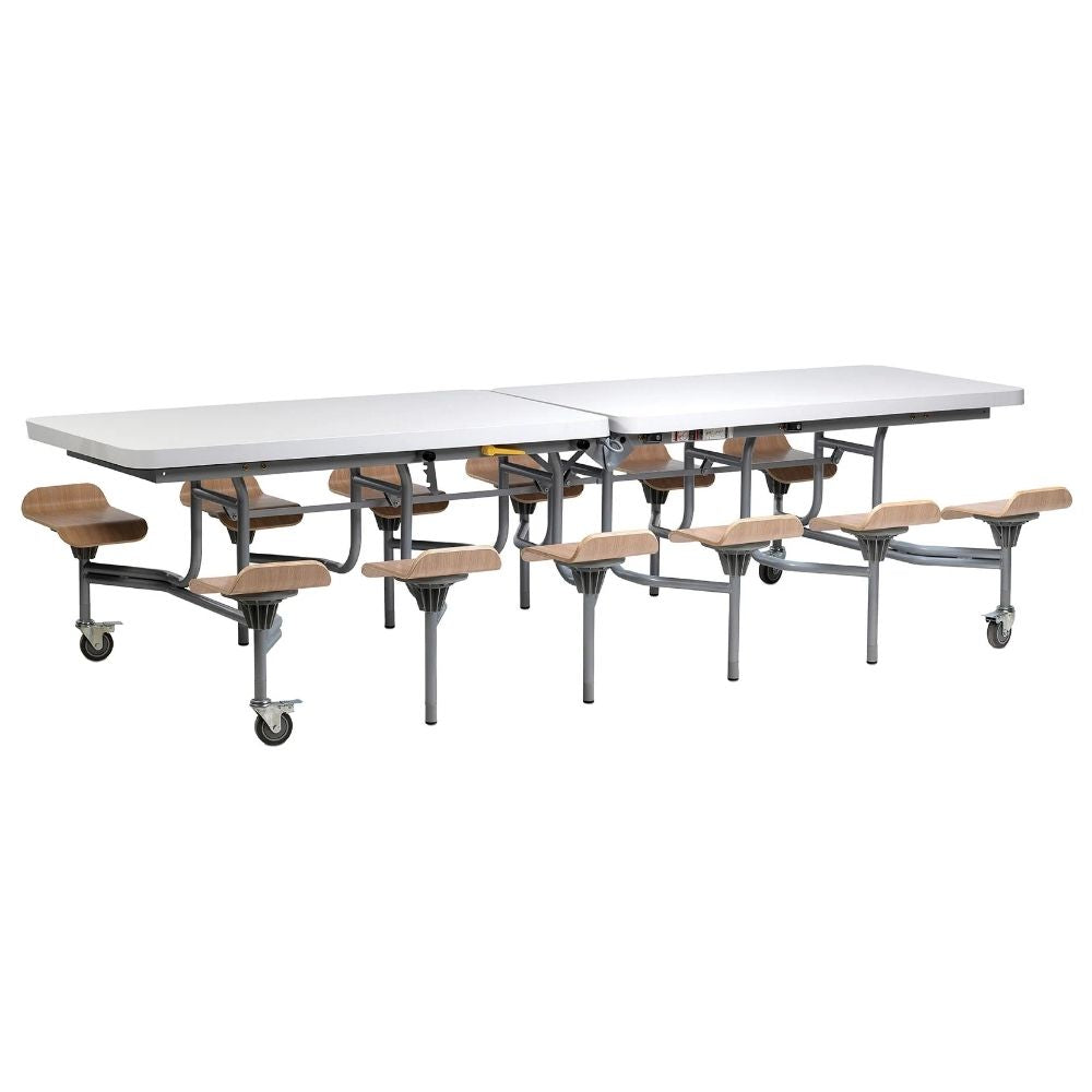 White folding cafeteria table with oak finish lipped seats and grey metal frame on wheels, ideal for school dining halls and workplace canteens
