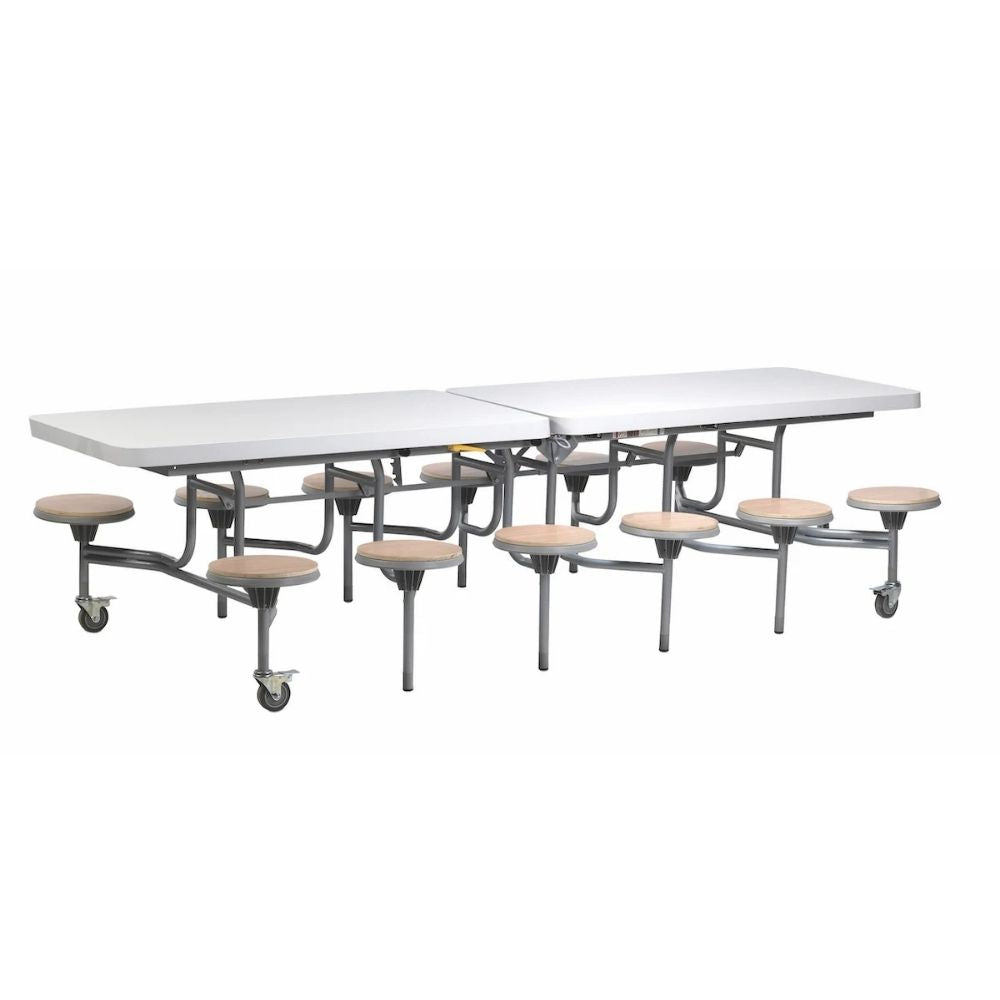White folding cafeteria table with oak finish stools and grey metal frame on wheels, ideal for school and workplace canteens