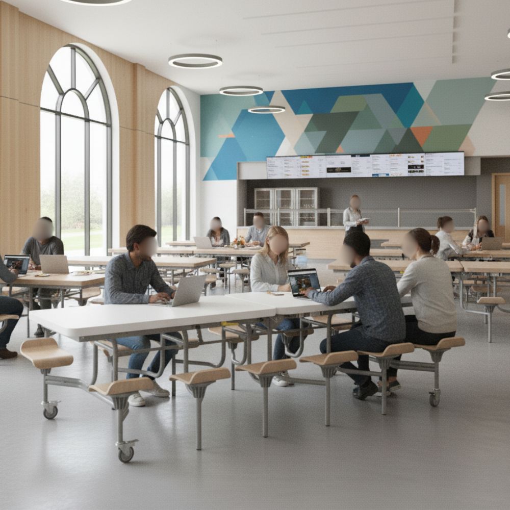 Students using white mobile folding tables with attached wooden stools as a shared study space in a well-lit canteen with modern design.