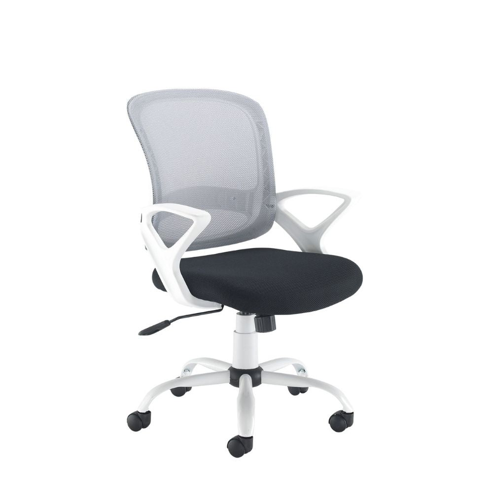 Ergonomic office chair with white frame, black cushioned seat, and breathable mesh backrest. Features sleek armrests, height adjustment lever, and five-wheel base for mobility in contemporary office setups.