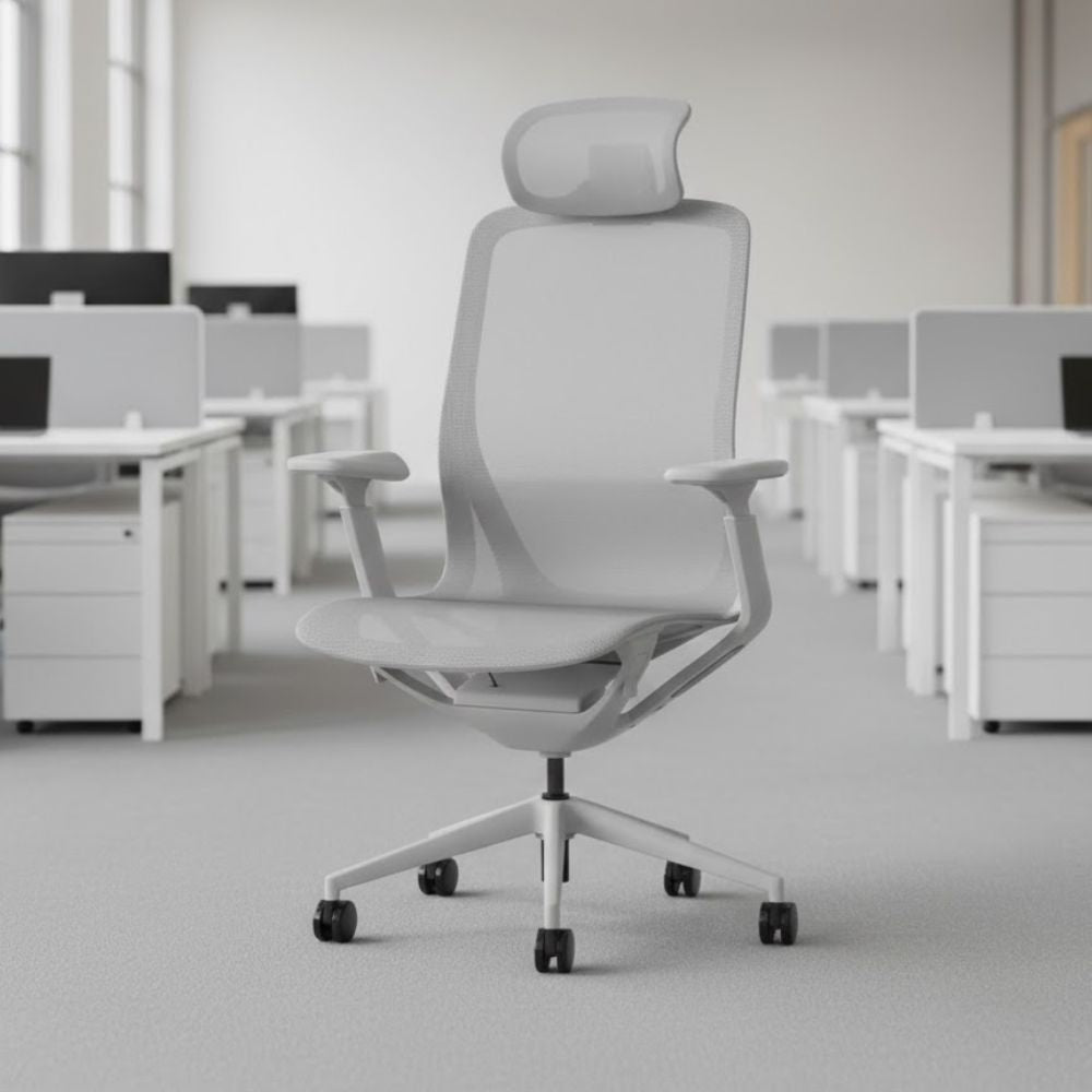 White ergonomic mesh office chair with a contoured backrest and headrest, placed in a bright office with an organised cubicle desk layout and neutral flooring.