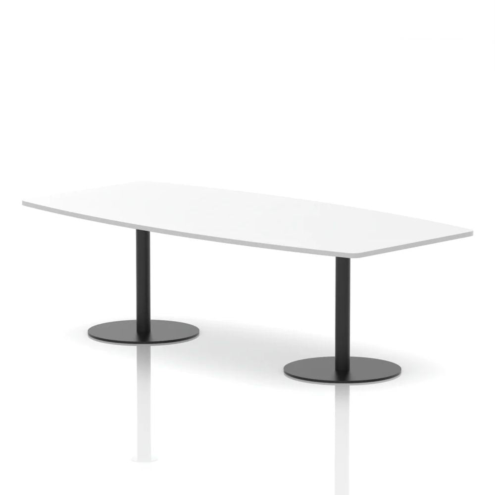 Contemporary white organic shaped conference table with dual black round pedestal bases on a clean studio background.