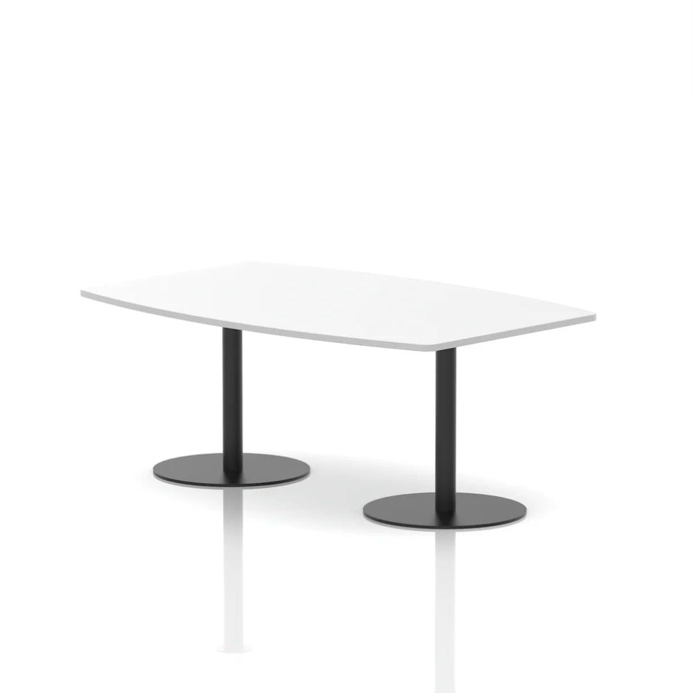 Modern white organic shaped meeting table with two black round pedestal bases on a clean minimalist studio background.