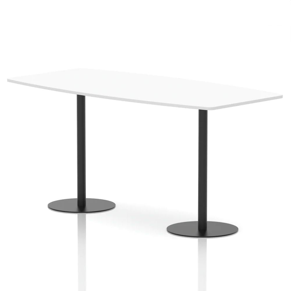 Contemporary white organic shaped meeting table supported by two black round pedestal legs on a neutral studio background.
