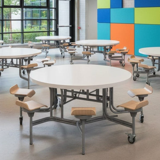 8 Seat Circular Foldable White Canteen Table with Lipped Oak Seats - 11+ Years