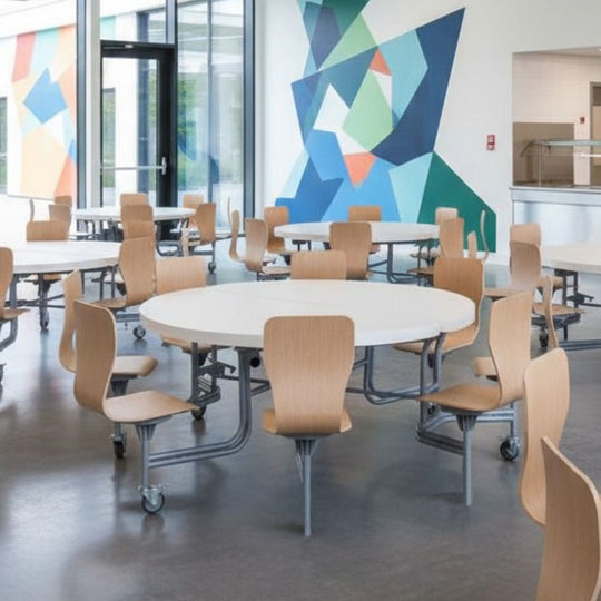 8 Seat Circular Foldable White Canteen Table with Full Back Oak Seats - 11+ Years