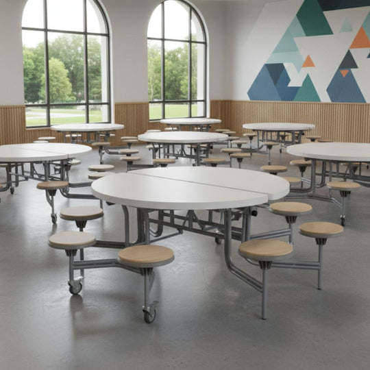 8 Seat Circular Foldable White Canteen Table with Oak Stools - 11+ Years