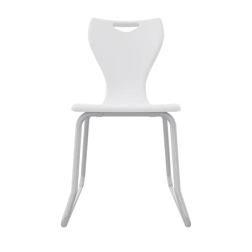 A minimalist white secondary school chair featuring a sanitisable polypropylene shell and an architectural steel skid base for premium stability.