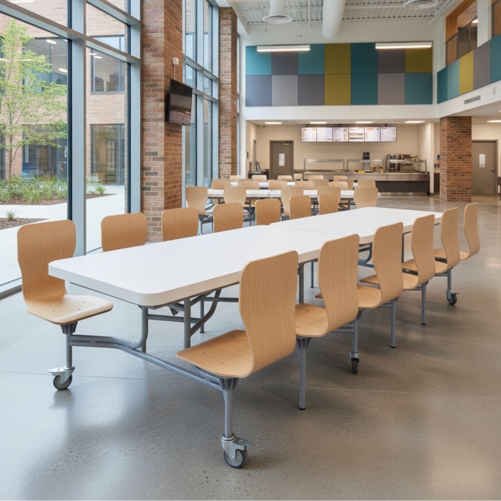 Bright and open school cafeteria showcasing white tabletops with built-in natural wood chairs, adjacent to tall windows and a lunch counter.
