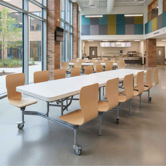 12 Seat Rectangular Foldable White Canteen Table with Full Back Oak Seats - 11+ Years