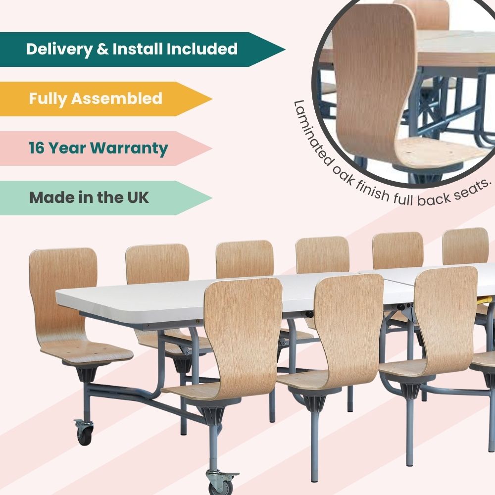 White canteen table with oak finish laminated full back seats, fully assembled, UK made, includes delivery and installation.