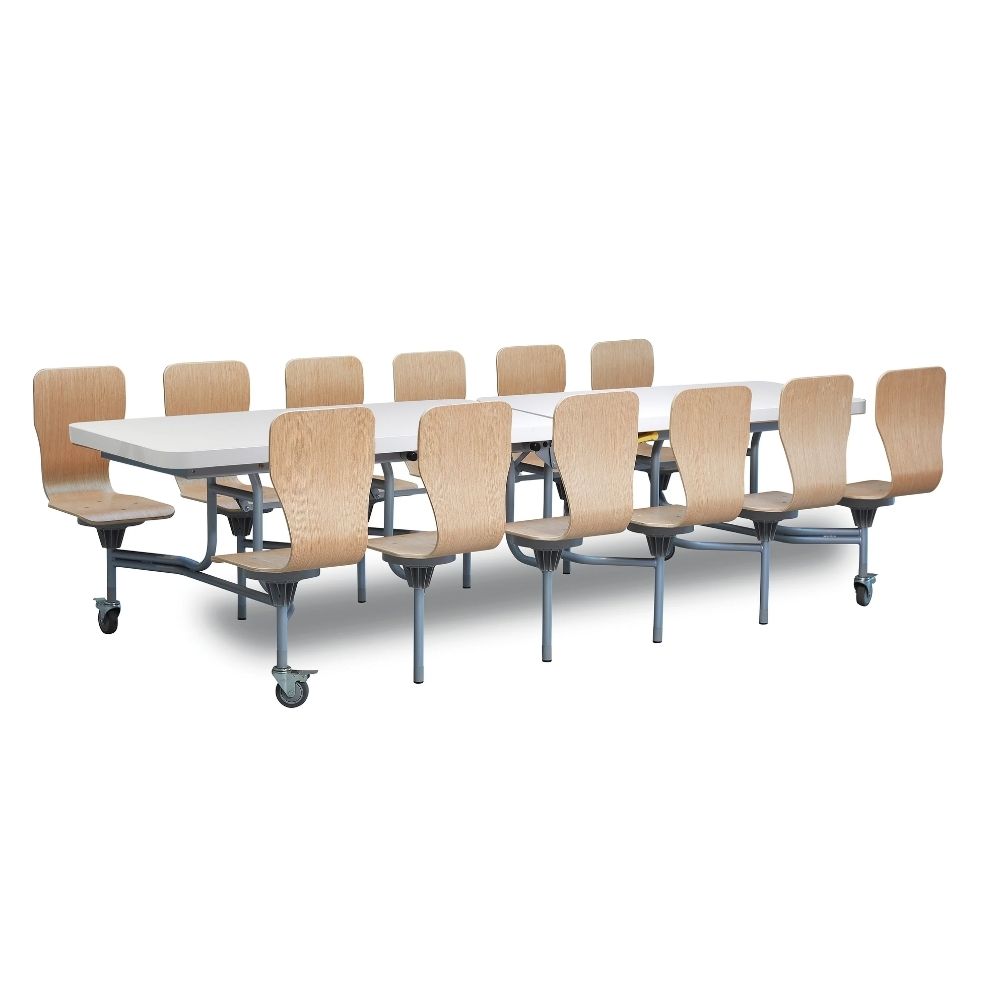 White laminate top canteen table with oak finish full back seats, seating for 12, UK made with 16-year warranty.