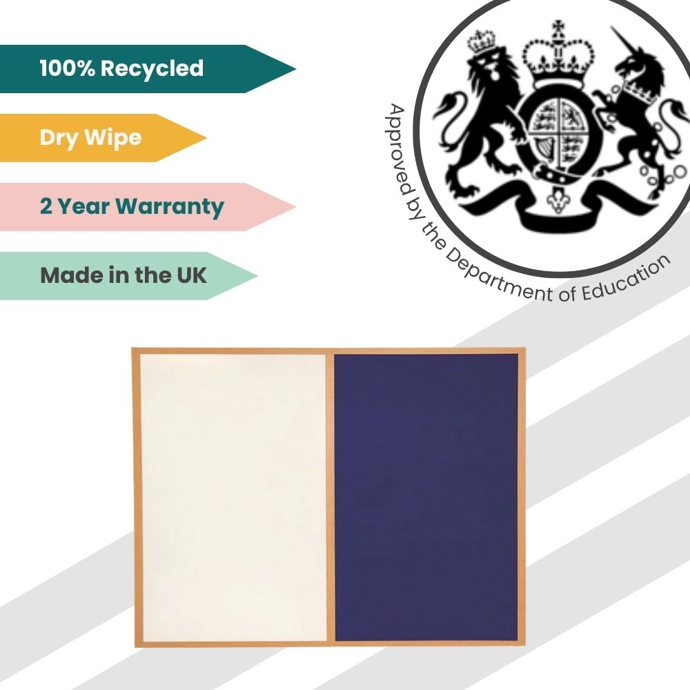 Eco-certified board with dry-wipe and blue pin surface, framed in wood and approved for UK schools.