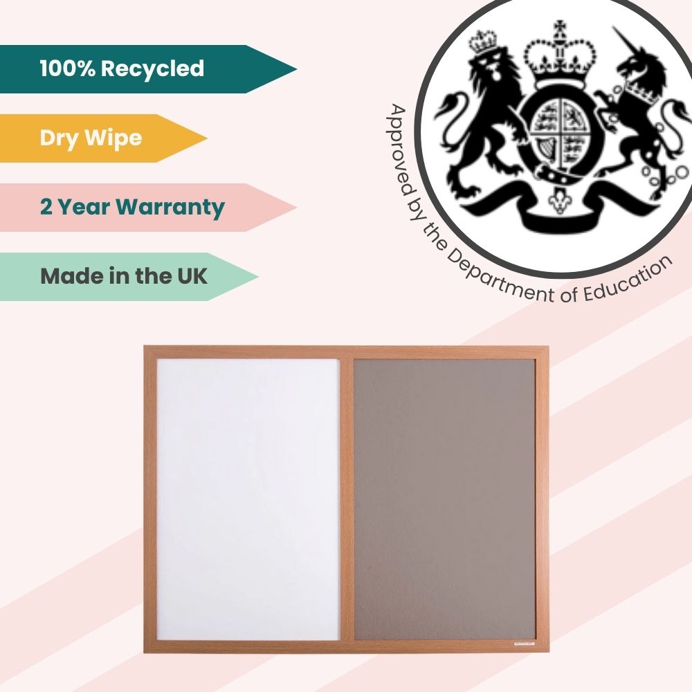 Dual-panel board with dry-wipe and grey felt surfaces, made in the UK and certified for school use.