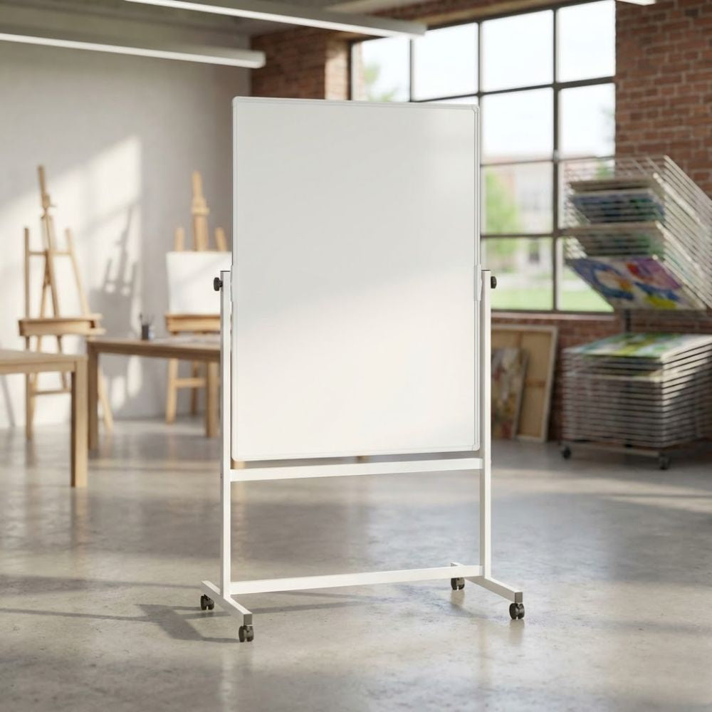 A mobile whiteboard standing in a bright art studio with easels, drying racks, and natural light streaming through large windows.