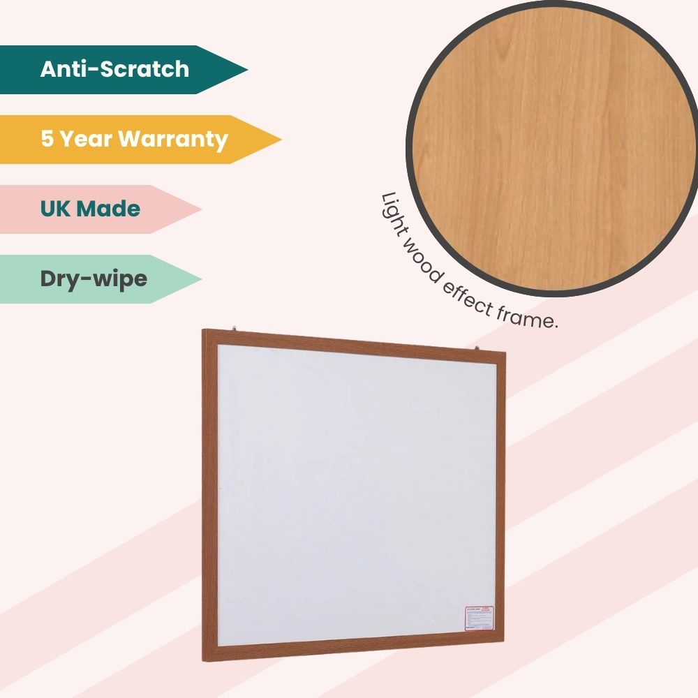 Wall-mounted whiteboard with light wood frame and scratch-resistant surface, made in the UK.