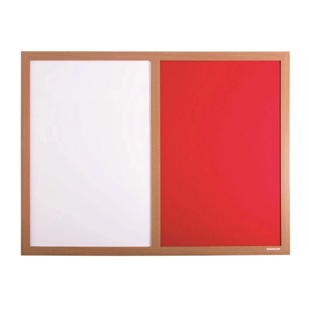 Dual-surface board with whiteboard and red felt section in natural wood frame for mixed-use spaces.