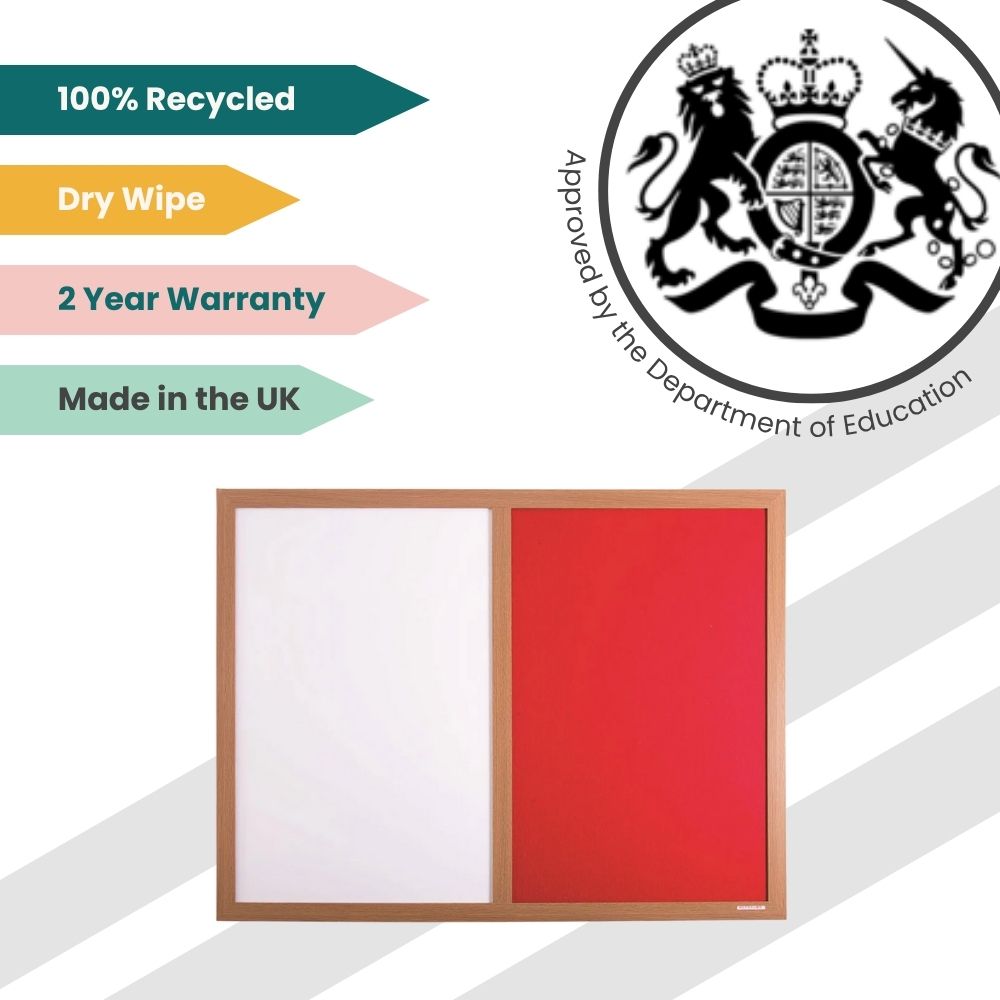 Red pinboard and dry-wipe board in one unit, built from recycled materials and approved for classrooms.