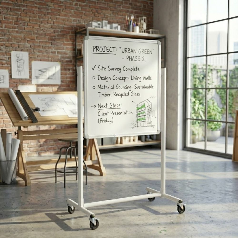 A floor-standing magnetic whiteboard used for a project presentation in an industrial-style studio with brick walls, sketches, and architectural tools.
