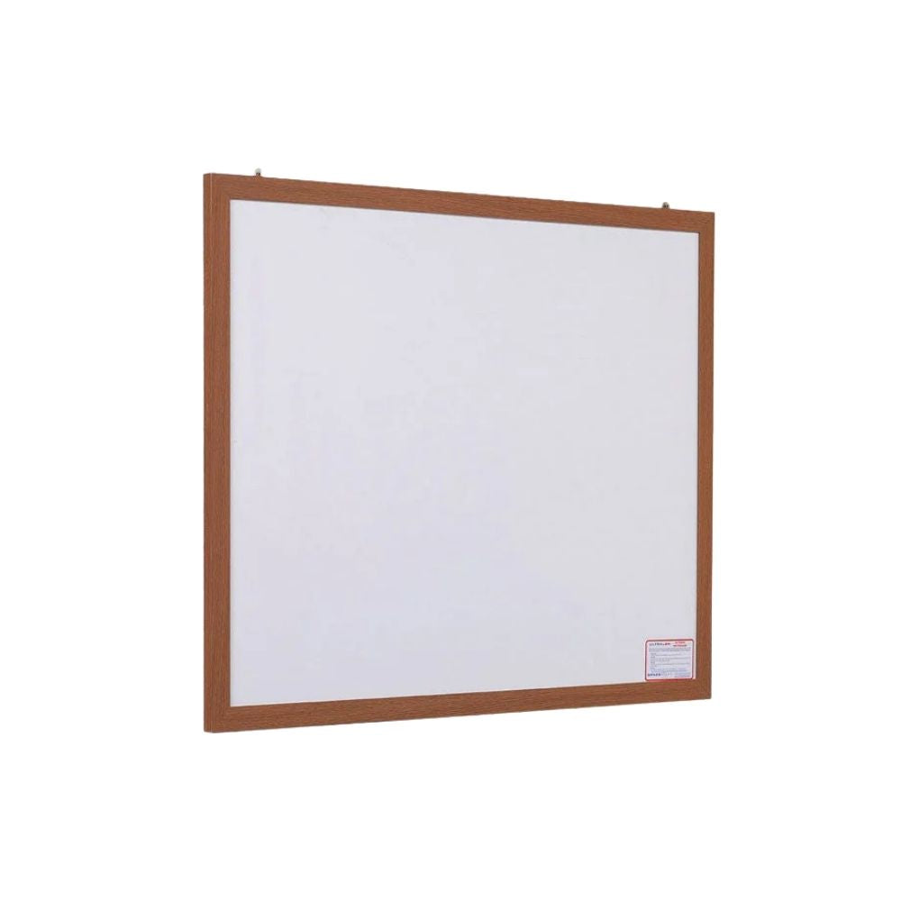 Rectangular whiteboard with wooden frame and top hooks, suitable for hanging in shared spaces.