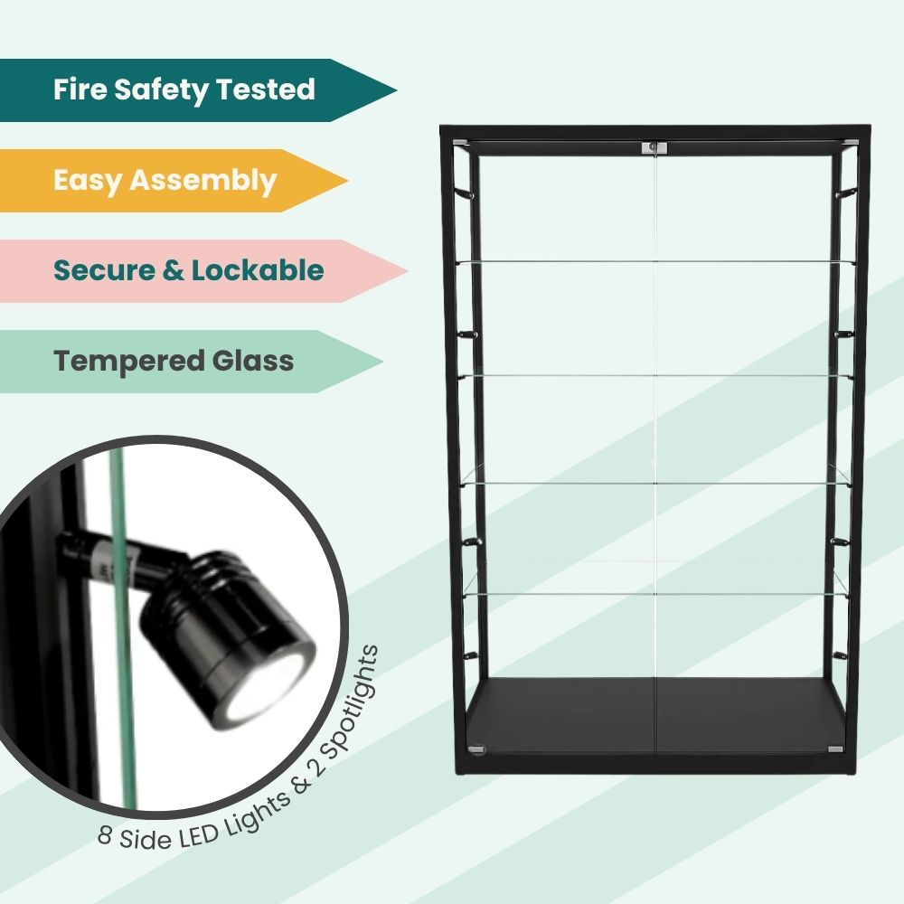 Large black glass display case featuring multiple shelves, lockable double doors, and energy-efficient LED lighting.