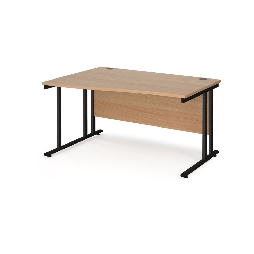 Wide office desk featuring a wood effect desktop with adjustable depth range, full modesty panel, dual cable ports and black steel leg frame for flexible workspace layouts