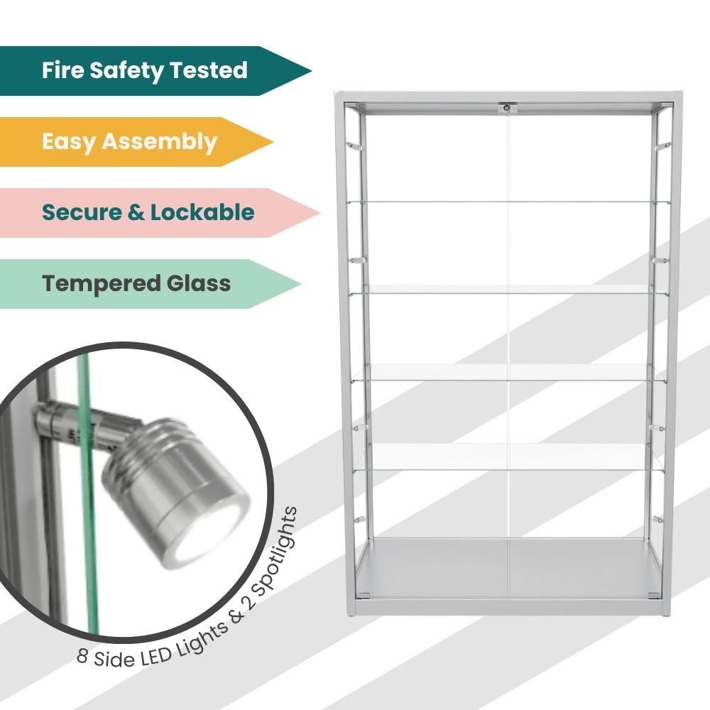 Large silver glass showcase featuring tempered glass panels, LED illumination, lockable doors, and easy assembly instructions.