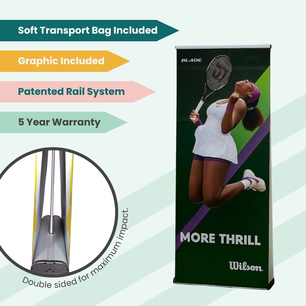 Wilson tennis banner stand with action shot and Blade branding, designed for sports promotions.