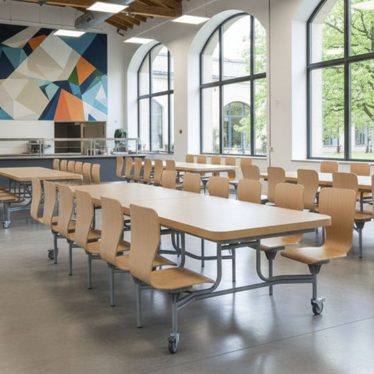 12 Seat Rectangular Foldable Oak Canteen Table with Full Back Oak Seats - 11+ Years