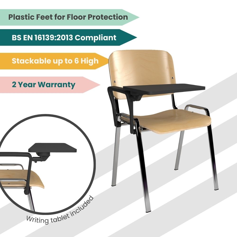 Wood veneer training chair with contoured plywood shell, attached writing tablet and durable metal leg structure for academic and professional use