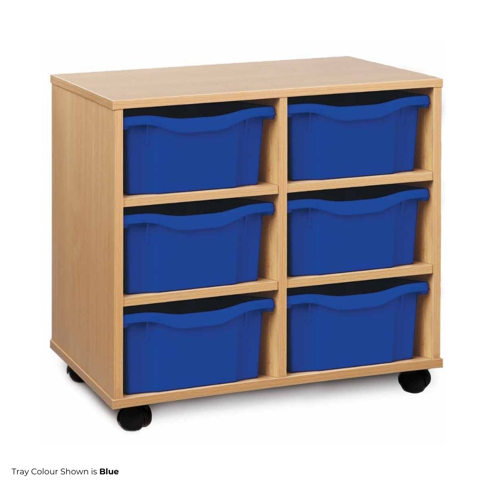 Compact wooden storage unit on wheels featuring six deep blue trays, arranged in two columns and three rows, ideal for classroom or office organisation.