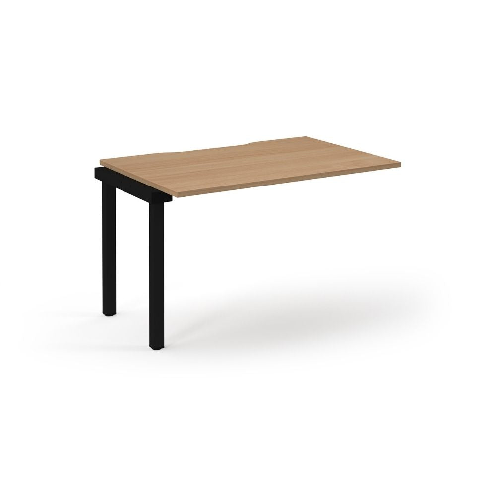 Rectangular wooden office desk add-on unit featuring a natural wood finish and a black metal frame with two legs, designed to extend an existing workstation setup.