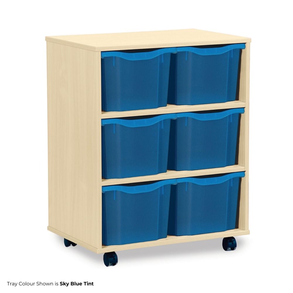 A wooden storage unit holding six vibrant sky blue tint trays arranged in two columns and three rows, mounted on castor wheels for mobility.