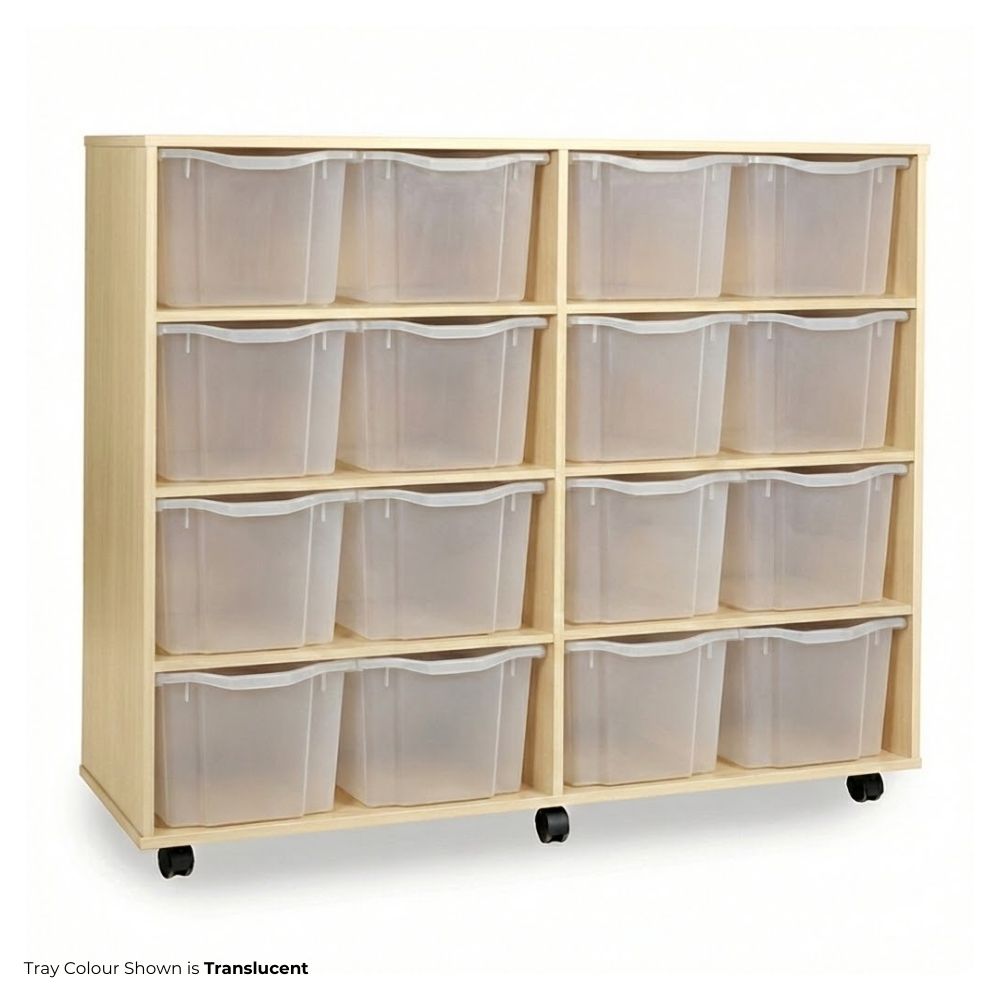 A wooden storage unit featuring twelve translucent plastic trays in a double-column configuration, equipped with black castor wheels for easy movement.