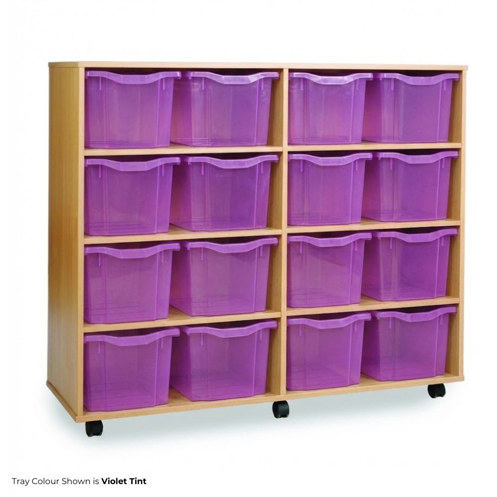A wooden storage unit featuring twelve violet tint plastic trays arranged in a 2x6 layout, complete with castor wheels for mobility.