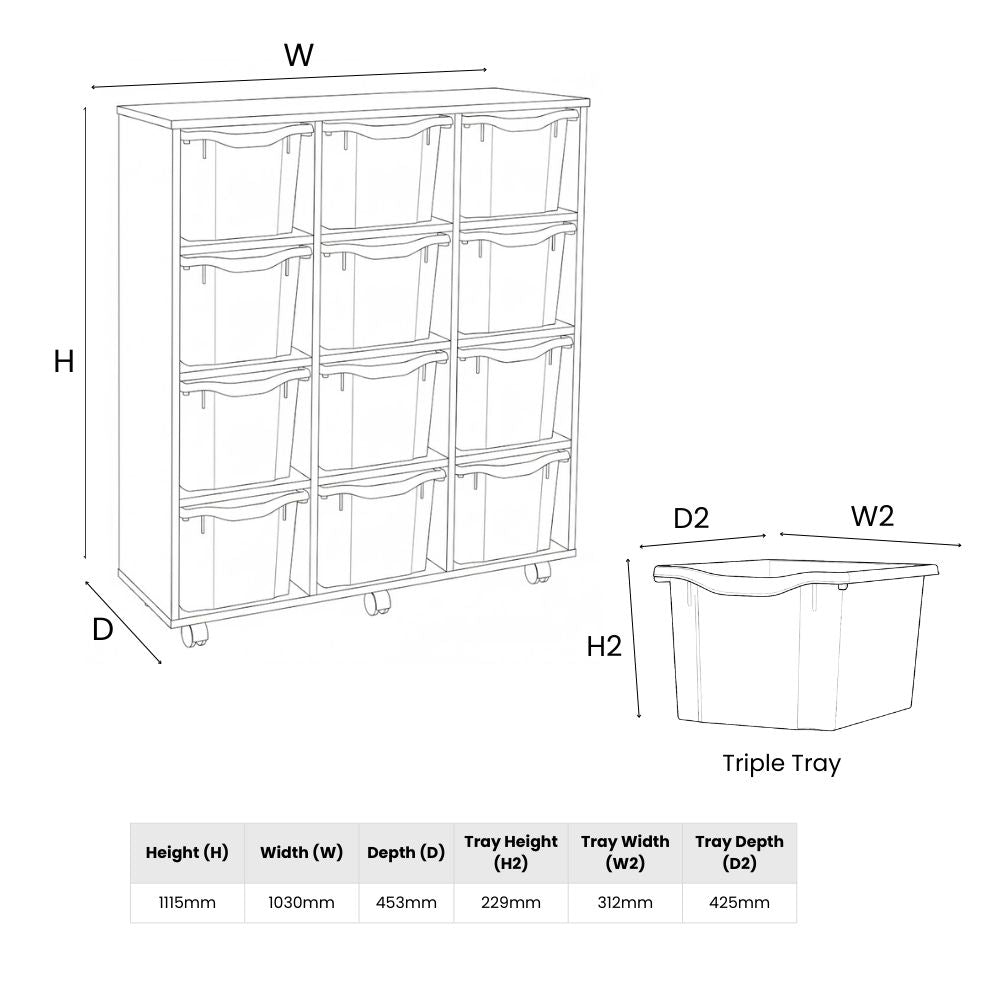 A technical line drawing showing the dimensions of a wooden storage unit with 12 trays, including measurements for height, width, depth, and individual tray specifications.