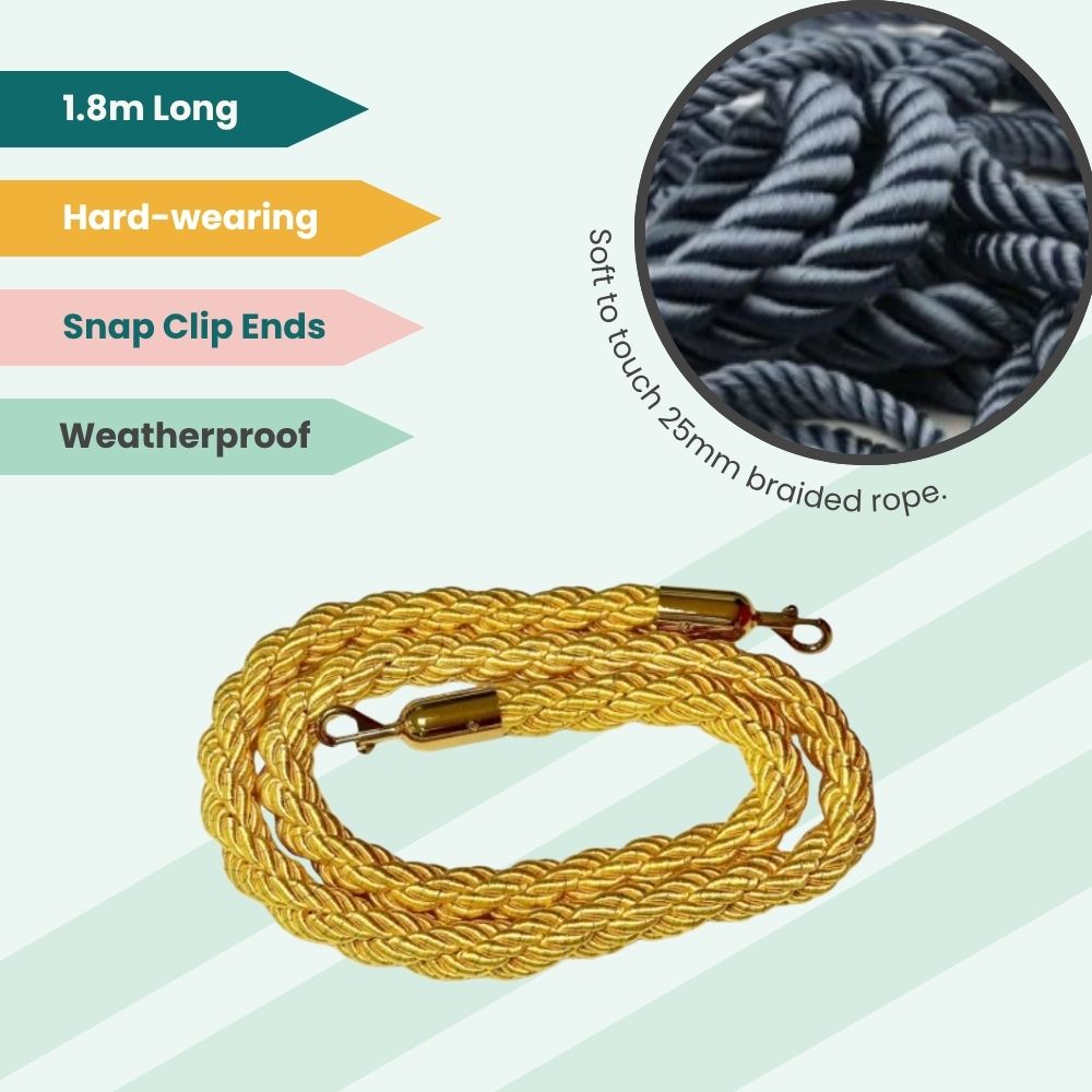 Yellow braided rope with gold clips and soft texture, built for stylish and durable barrier setups.