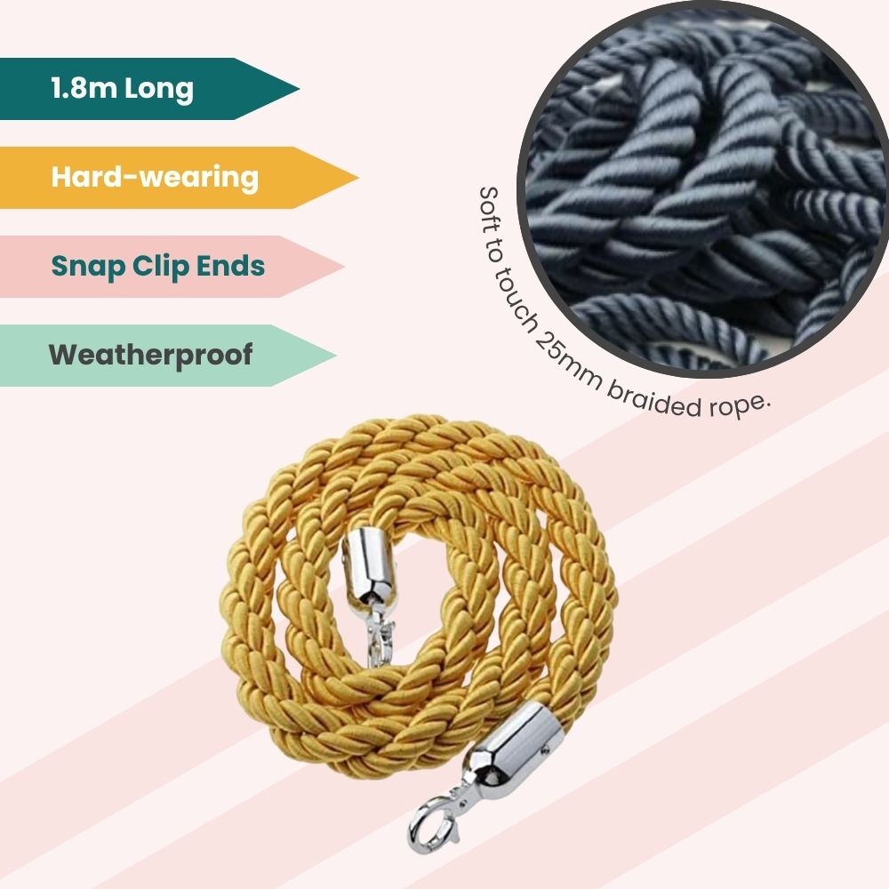 Yellow braided cord with gold clips and soft surface, designed for decorative outdoor barriers.