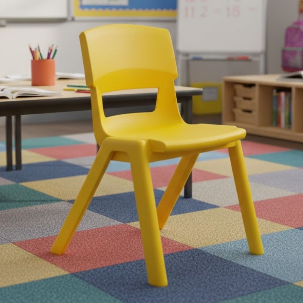 A yellow school chair set on a colourful square-patterned carpet in a vibrant primary learning environment.