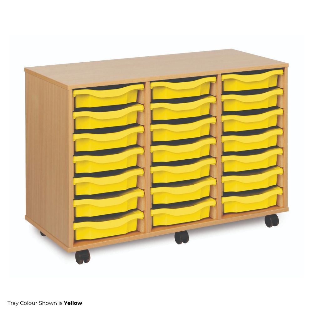 Wooden school storage unit with three columns of bright yellow plastic trays, each with curved handles, mounted on castor wheels for mobility.