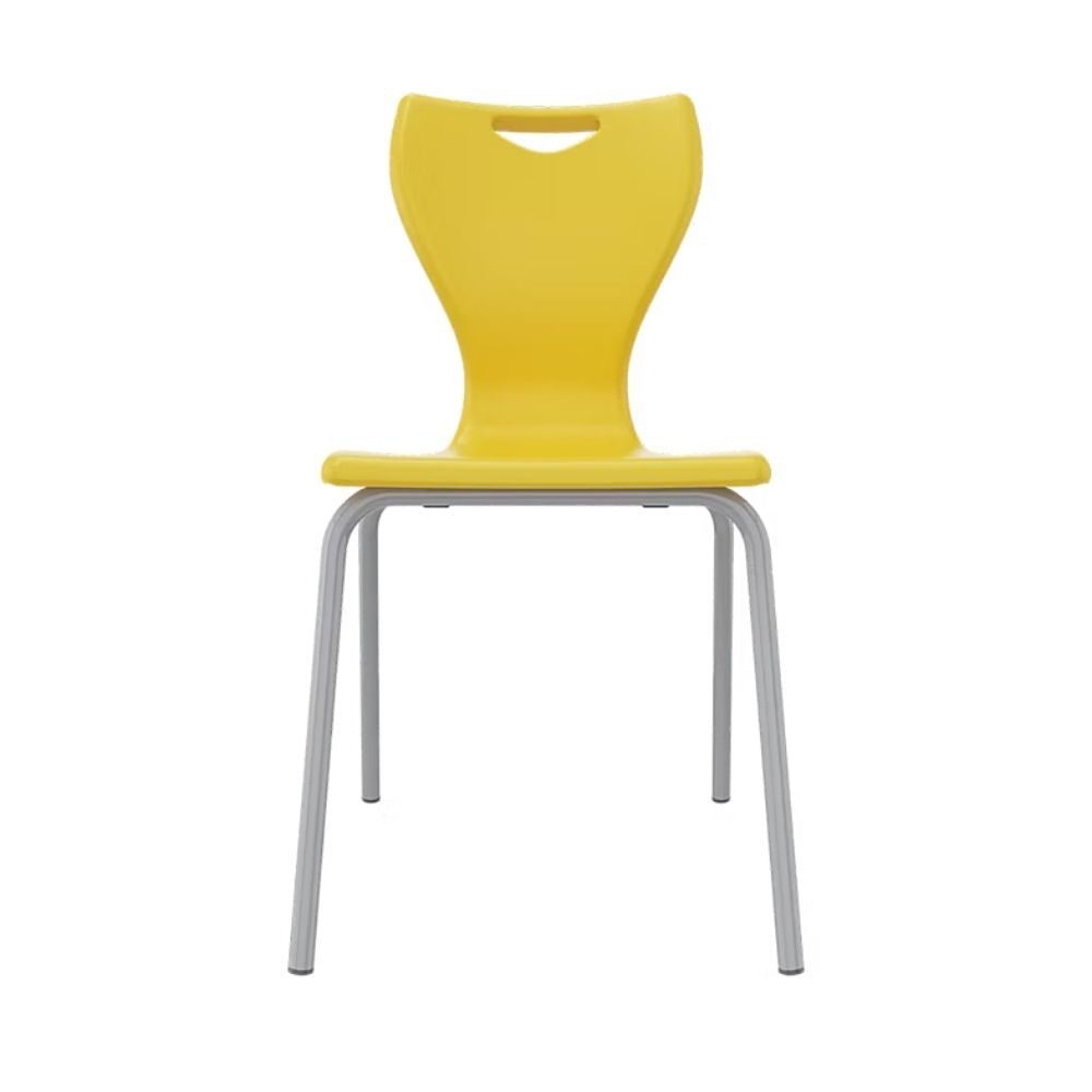 A sunny yellow school chair featuring a shatter-resistant polypropylene shell and a safety-angled base to ensure four-leg stability at all times.