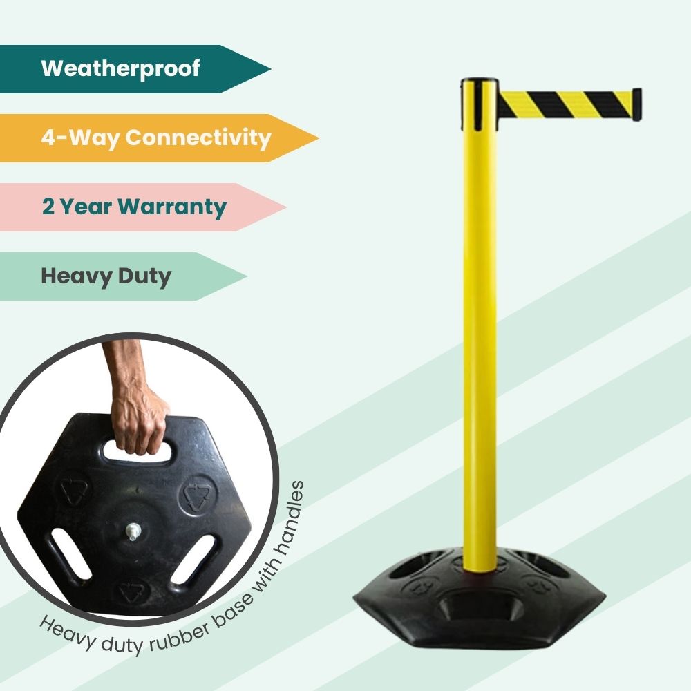 Yellow stanchion with caution-striped belt and rubber base, highlighting portability, weatherproof build, and 4-way connectivity for secure crowd control.