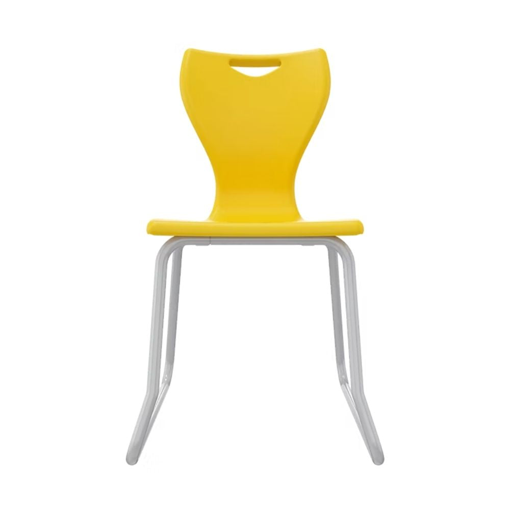 A sunny yellow Size 6 classroom chair with an EN1729 compliant design and a safety-curve steel skid base for enhanced stability in secondary schools.
