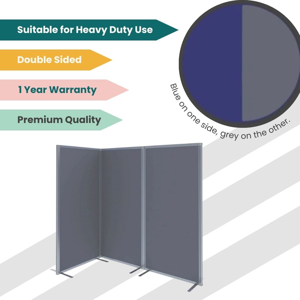 Zigzag display board with blue and grey surfaces, built for high-traffic zones and modular layouts.